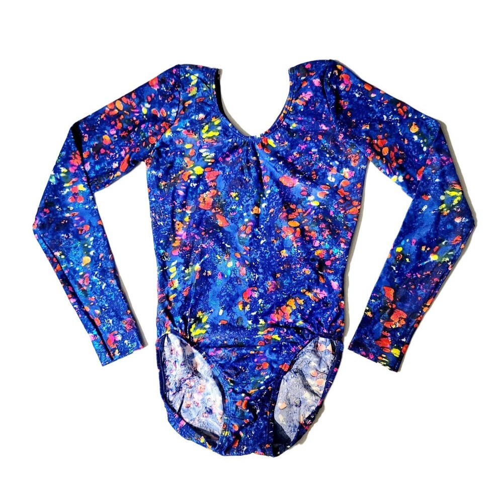 GK Elite AS Paint Splotch Shimmer V-neck Leotard VTG Long Sleeve Blue Adult S